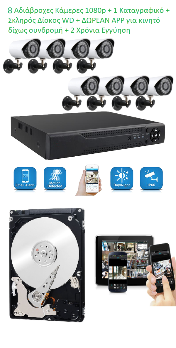(Με 2 Χρόνια Εγγύηση) Πλήρες Έγχρωμο Σετ CCTV Εποπτείας και Καταγραφής με 8 Κάμερες Ασφαλείας (Αδιάβροχες , Εξωτερικού Χώρου , 1080p Full HD, Νυχτερινή Λήψη) Και με Σκληρό Δίσκο Για Αποθηκευτικό Χώρο Western Digital + Δωρεάν APP Χωρίς Συνδρομές και Κρυφές Χρεώσεις!